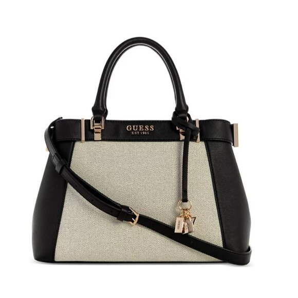 GUESS Anadela canvas medium satchel crossbody bag - Black/Cream - Picture 1 of 9